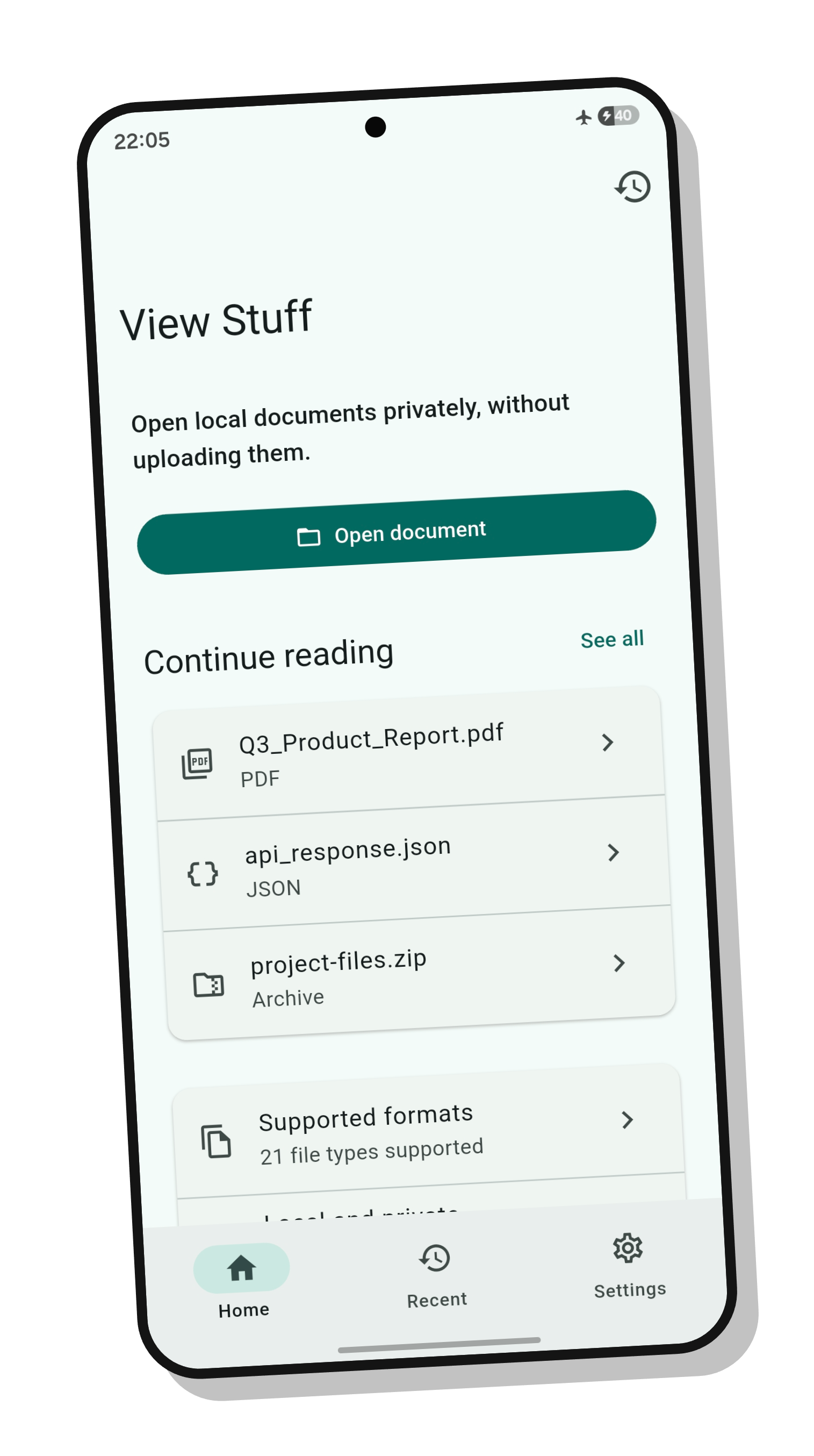View Stuff Android home screen with an Open document button and recent files