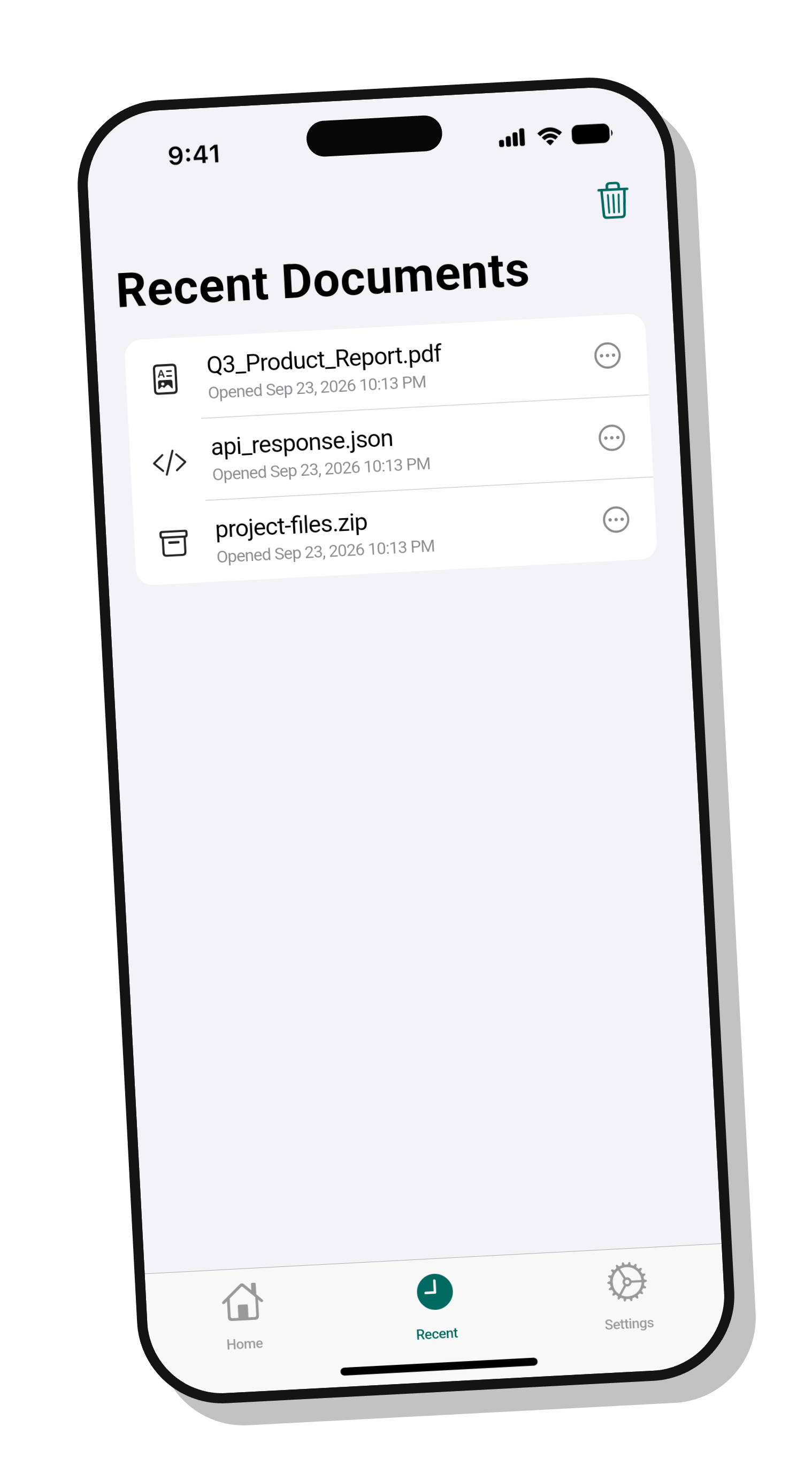 Recent documents list in View Stuff with PDF, JSON and ZIP files